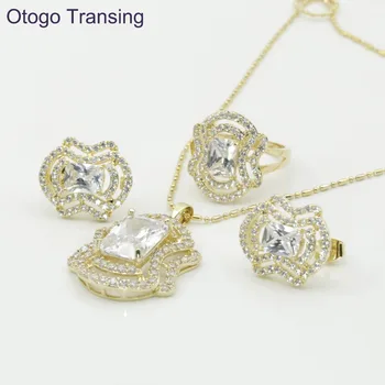 

Otogo Transing Gold Color Romantic Geometric Shaped Fashion Jewelry Sets White crystal AAA Zircon For Necklace/Earring/Ring S187