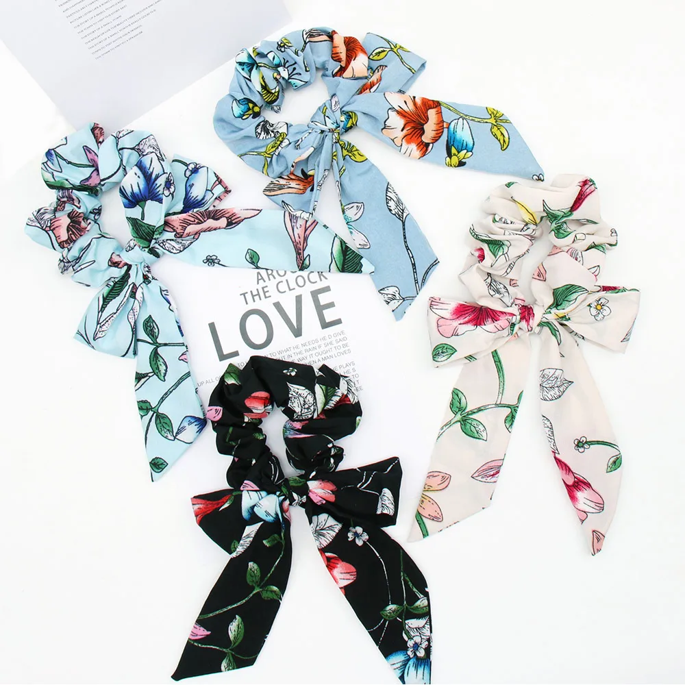 

Chiffon Streamers Bow Scrunchies For Women Floral Print Hair Tie Elastic Rubber Band Ponytail Holder Gum For Hair Accessories