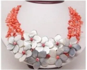 

3row pink coral flower shell necklace Fashion Free shipping