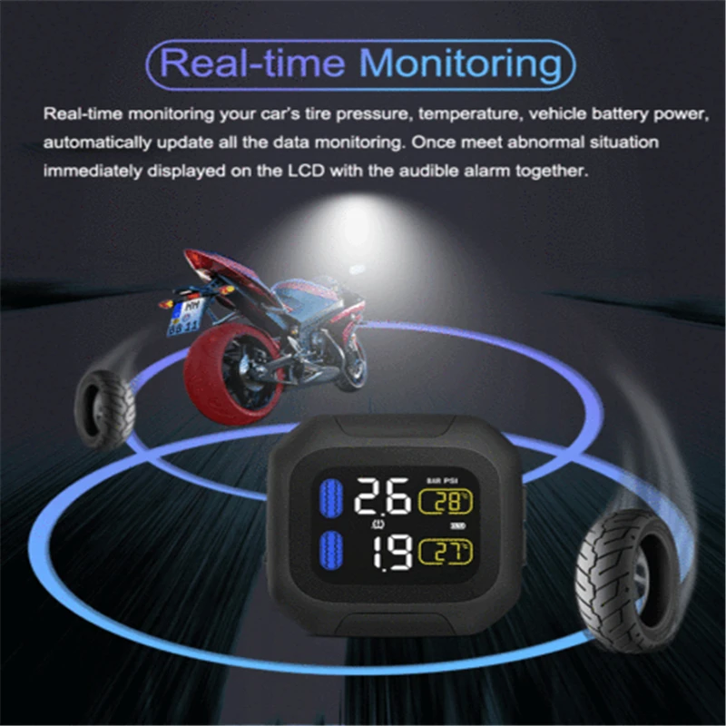 

Wireless Motorcycle TPMS Tire Tyre Pressure Monitor System w/ 2 External Sensor