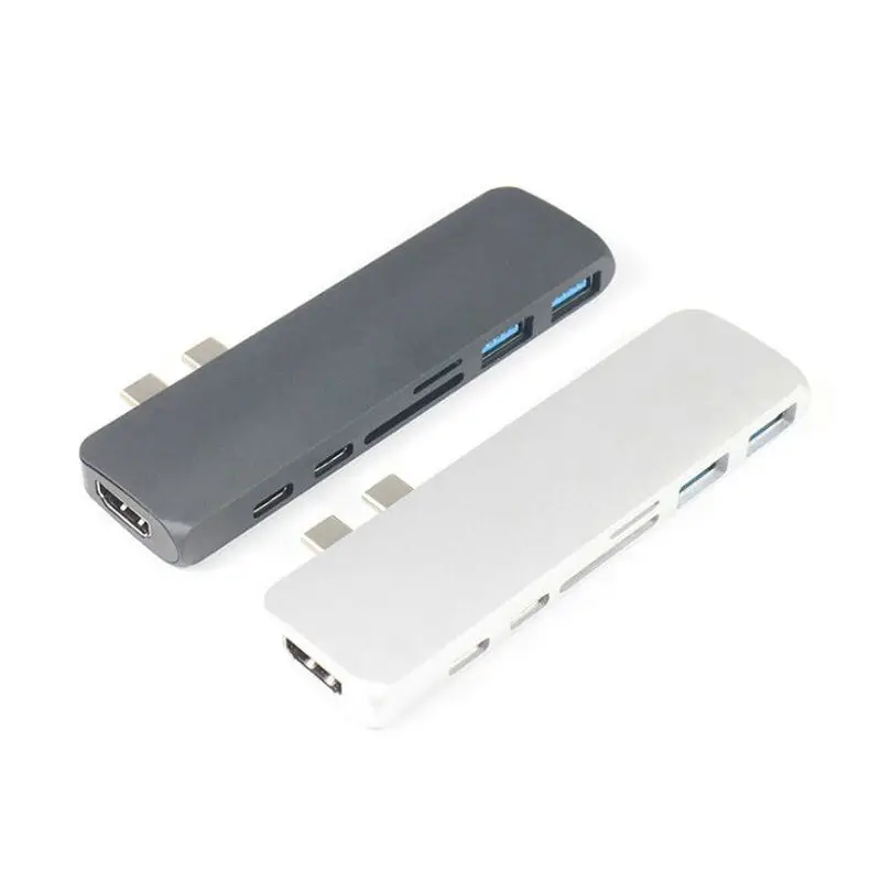 Сплав 7 в 1 двойной USB-C USB C концентратор с 4 K HD HDMI SD/TF Card Reader 3 USB 3,0 хаб Thunderbolt Тип-C концентратор для MacBook Pro