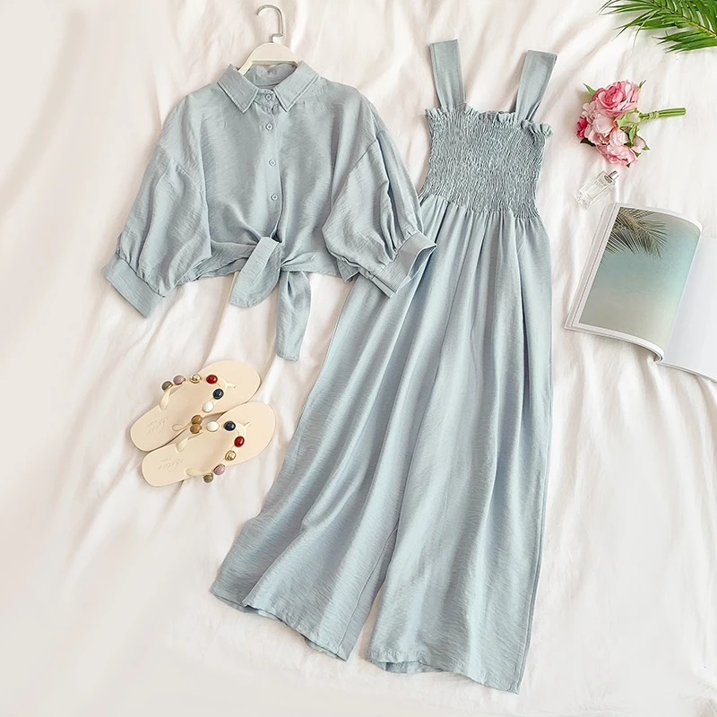 

Holiday Leisure Two-piece Sets Women Short Sleeve Casual Short Shirts + Hanging Chest Wide Leg Jumpsuit Women Suits F371