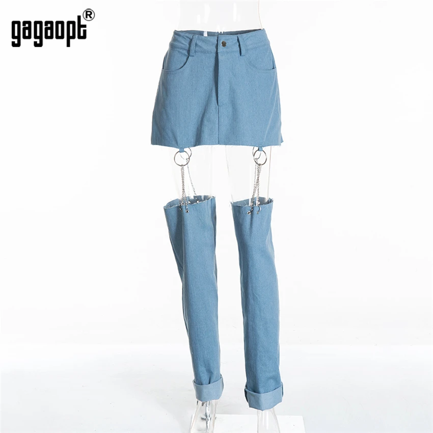 Gagaopt, модные женские джинсы, выдалбливают, джинсовые штаны, высокая талия, брюки, железное кольцо, соединение, повседневные штаны, Feminino
