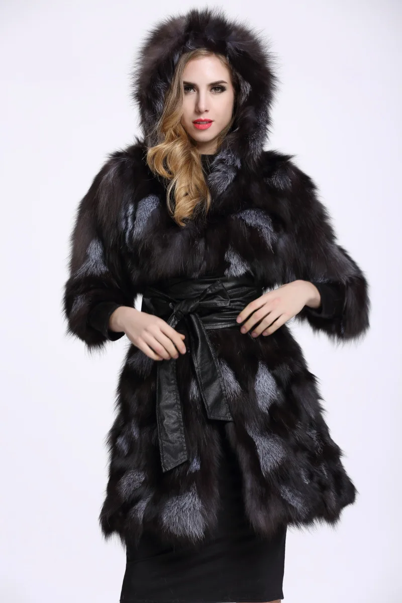 Настоящая шуба из меха серебристой лисы с капюшоном Женская длинная модная куртка из натурального меха лисы с рукавом до локтя 80 см длина на заказ любой размер