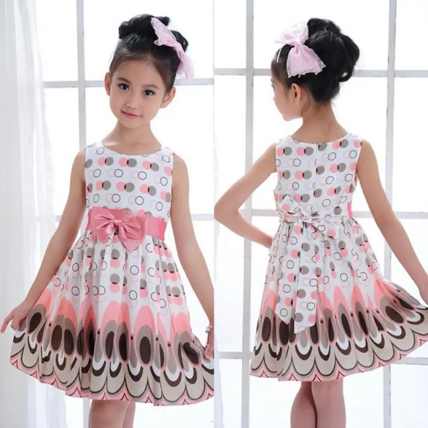 New Kids Girl Dress 1-9Y Bow Belt Dress Princess Bow Belt Circle Sleeveless For Holiday Bubble Peacock Party Clothing vestidos