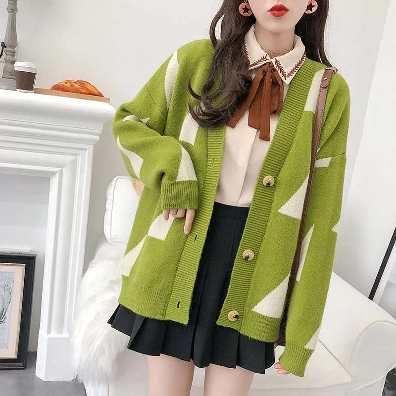 H. SA, женская зимняя одежда,, v-образный вырез, свитер, кардиганы, геометрический, негабаритный, Вязанное пальто, свободный, длинный рукав, розовый, свитер, пальто, джемпер - Цвет: 19123 Green