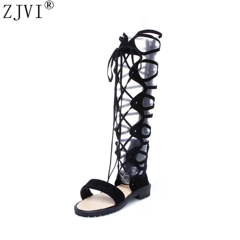 

ZJVI woman fashion suede summer thigh high boots 2019 women cross tied knee high boots womens nubuck shoes black sandals