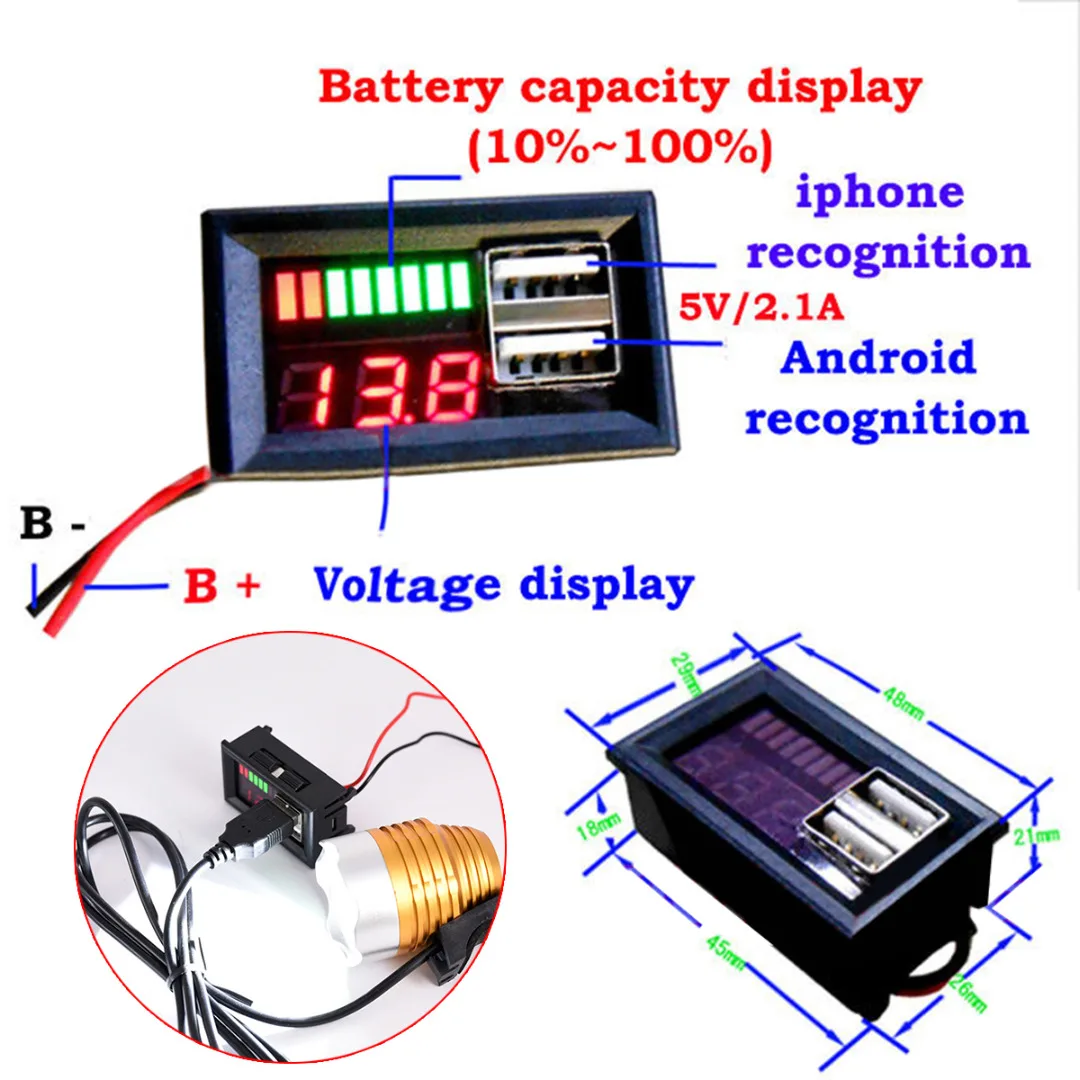 Multifunctional 12V LED Lead Acid Battery Capacity Indicator Voltage Meter Car Power Voltage Displayer Dual USB Charger 5V 2A