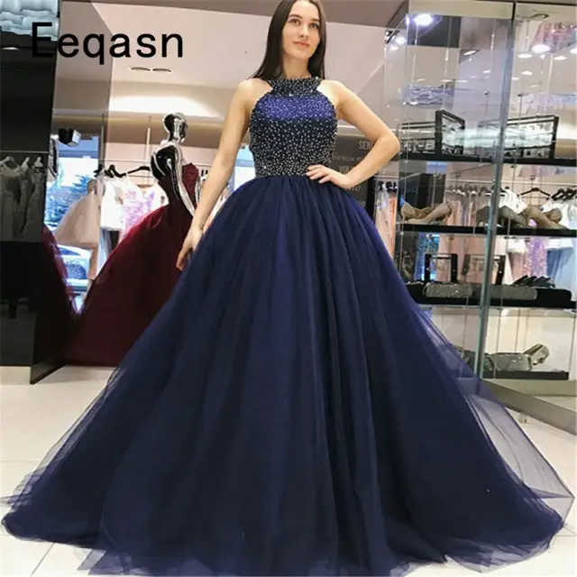 Gorgeous Navy Blue Prom Dress 2020 Sexy Back Open Top Pearls Tulle