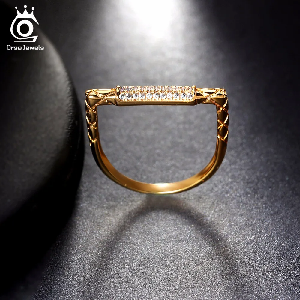 ORSA JEWELS Trendy Women Ring AAA Cubic Zircon Letter D Shape Design Gold-Color Jewelry Luxury Party Gift Rings For Female OMR17