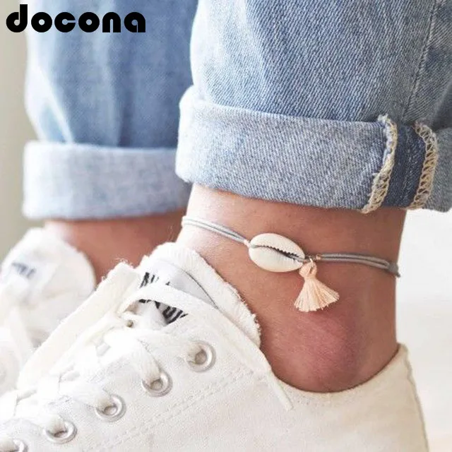 

Docona Simple Grey Rope Adjustable Anklets Geometric Shell Short Tassel Pendant Anklets Charming Foot Chain Anklet Jewelry 6763