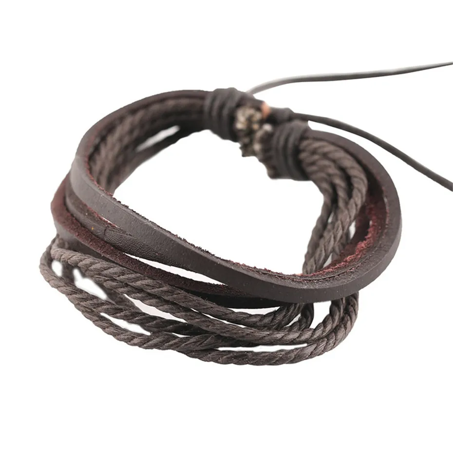 Genuine Braided Multi-layer  Black Brown Leather Bracelets Adjustable Hemp Rope Couple Women Men Boy Girls Gifts Jewelry Items (17)