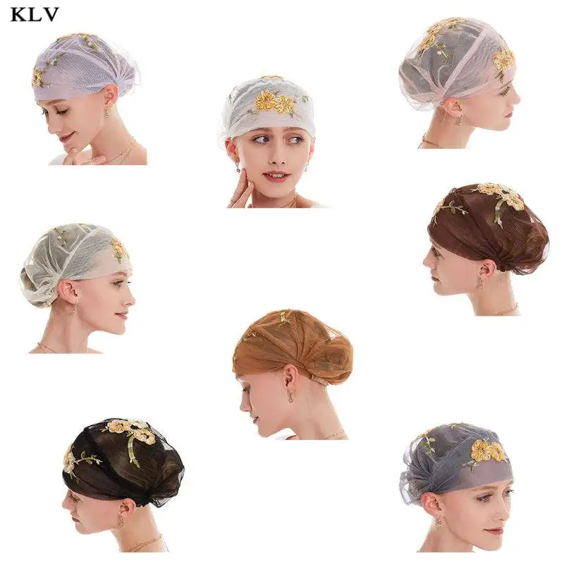 

Women Pleated Lace Muslim Cap Embroidery Floral Applique Cancer Chemo Hat Hollow Out Mesh Beanie Turban Hair Loss Headwrap