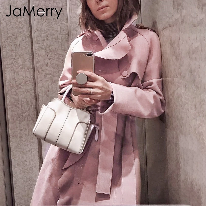 JaMerry Elegant ruffled wide lapel belt women coat Long pink trim wool coat 2018 Autumn winter fashion chic button trench coat