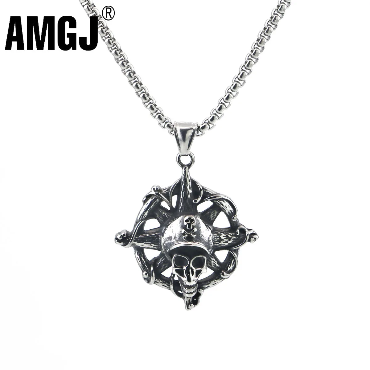

AMGJ Gothic Pirate Rudder Pendant Necklace Vintage Hip Hop Rock 316L Stainless Steel Skull Necklace Pendant Jewelry for Men