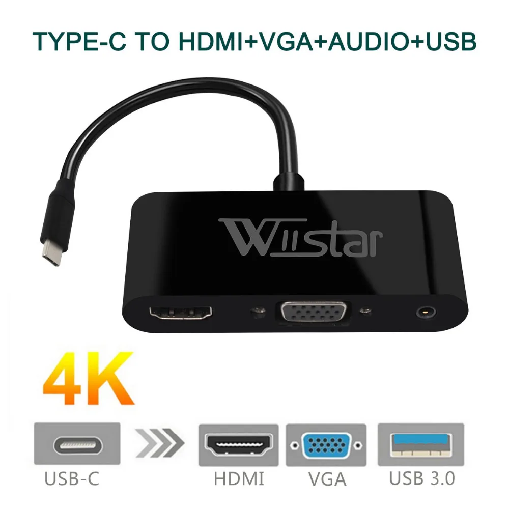 Wiistar USB C type C к HDMI VGA с 3,5 мм аудио адаптер 3 в 1 концентратор type C до 4 K 1080 p для ноутбука Macbook Google