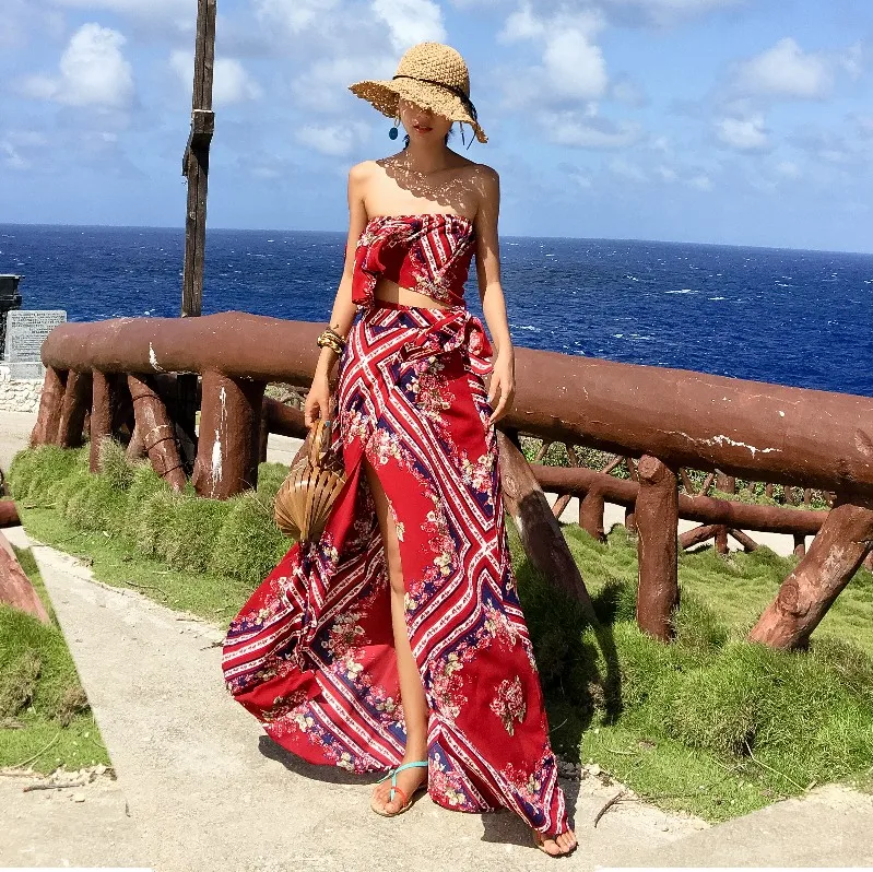 

YOSIMI 2019 Summer Women Two Piece Set Retro Print Strapless Top + Long Print Skirt Two-piece Suit Set Beach Sexy Holiday Dress