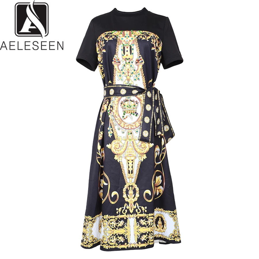 

AELESEEN 2019 Summer Vintage Style A-Line Dresses Women Luxury Beadubg Sequined Process Belt Loose Version Crown Print Dress