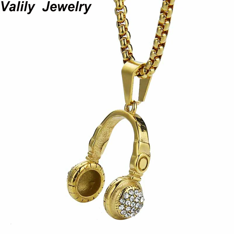 

EdgLifU Gold Color Stainless Steel Sport Crystals Headset Music Carnival Headphones Pendants Necklaces for Men Jewelry