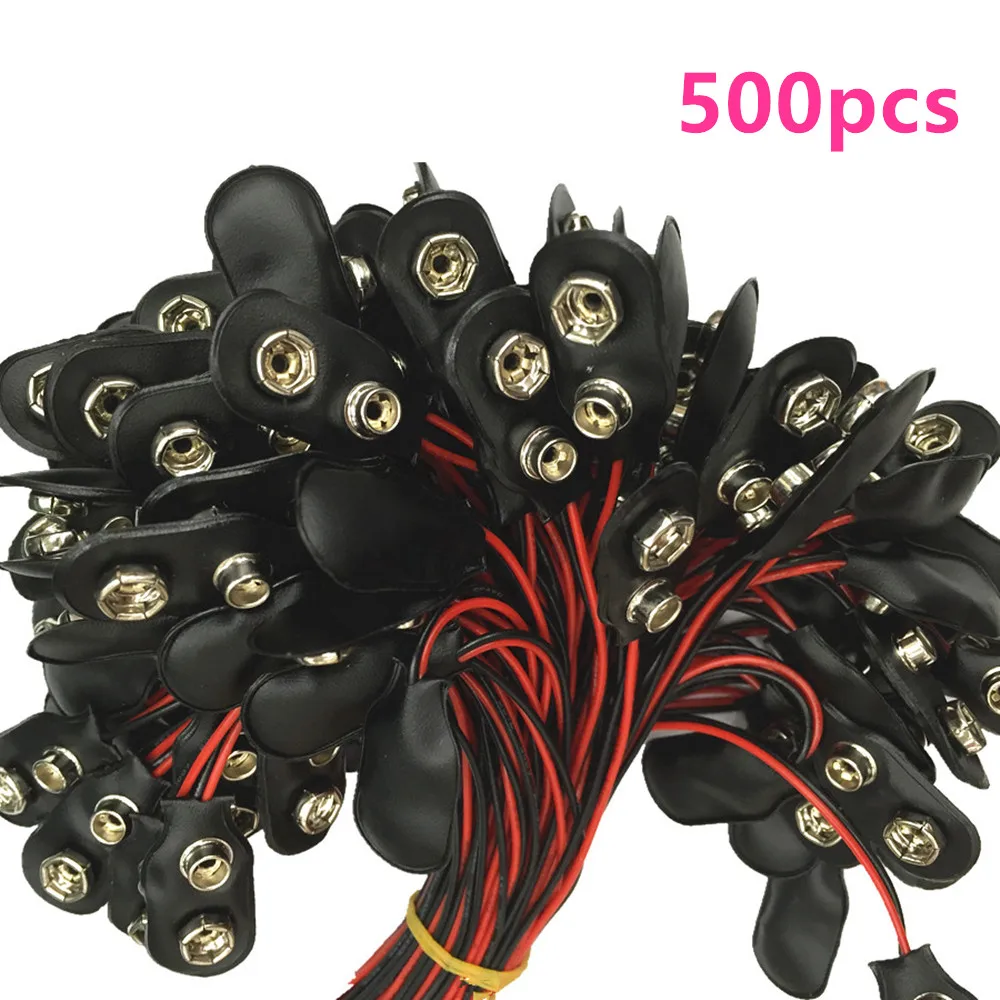 Wholesale 500pcs style I 9V battery snap connector with UL1007 150mm wires black leather case copper button Free shipping