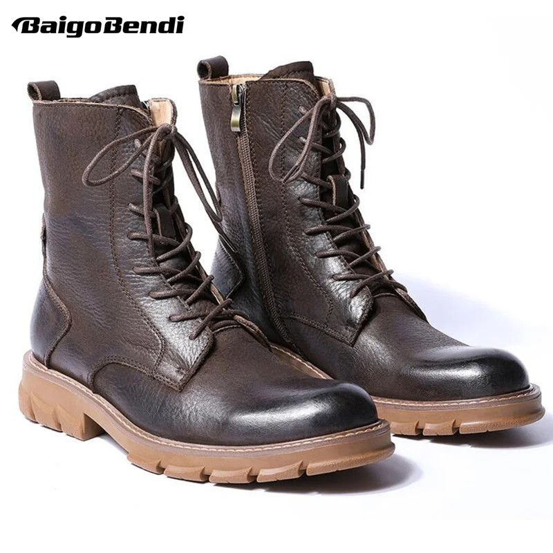 Botas Retro de tacón grueso para hombre, zapatos cálidos de alta calidad, cuero genuino, media pantorrilla, seguro, Invierno - AliExpress Calzado