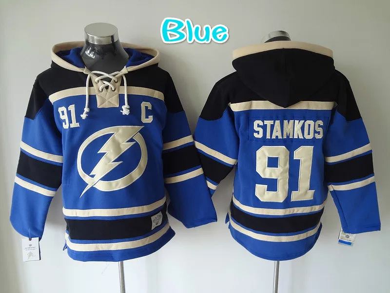 Мужская 91 Стивен Stamkos 30 Бен Бишоп 9 Тайлер Джонсон Хоккей Толстовки Джерси Синий |