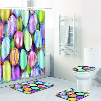 

4 Pcs/Set Multicolor Candy Shower Curtain Bath Rug Set Toilet Cover Bath Mat Set Bathroom Accessories Curtains with Hooks