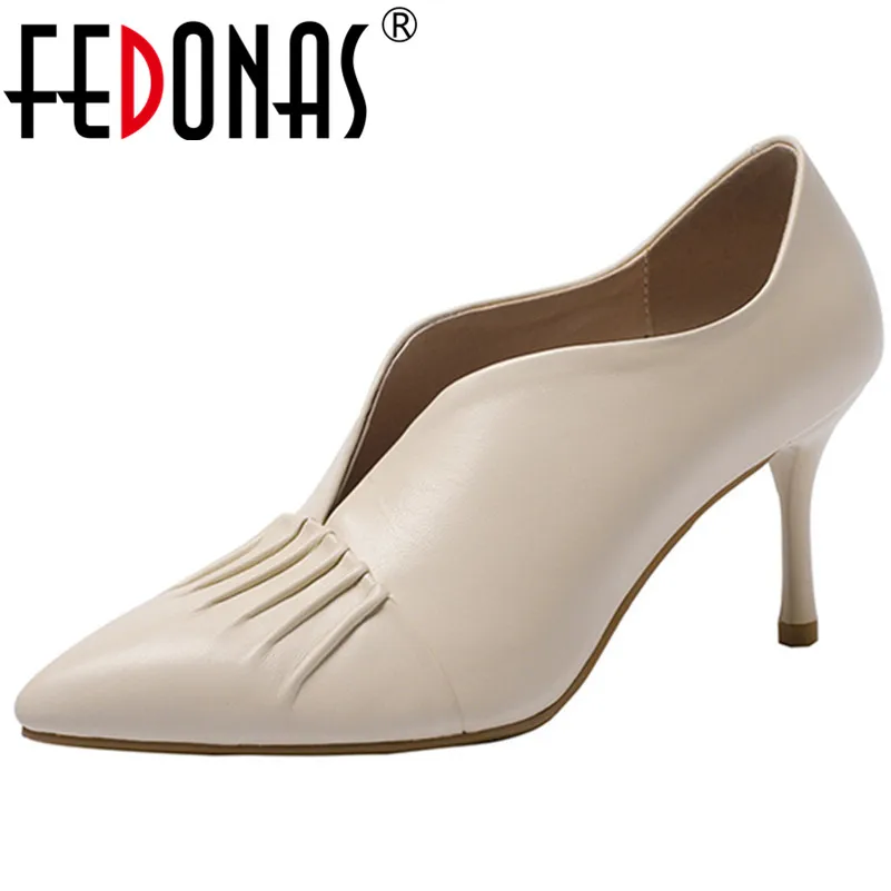 

FEDONAS Elegant Women Genuine Leather High Heels Pumps Sexy Pointed Toe Fashion Office Pumps Ladies New Spring Basic Pumps