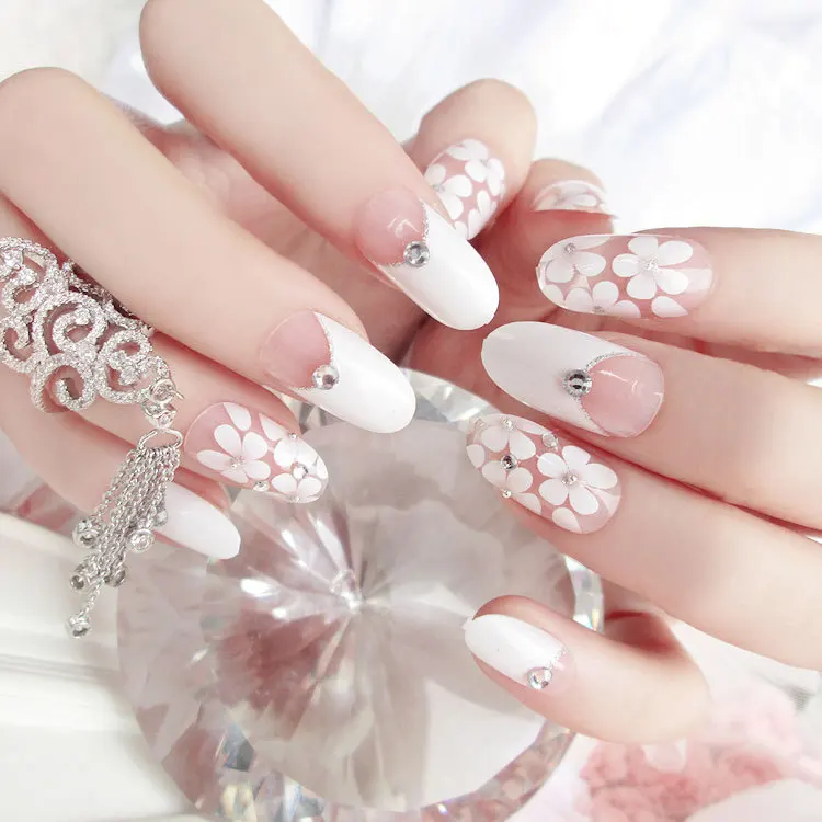 

2017 New French 24pcs White Flower Transparent Square False Nails Long Full Artificial Nails with Diamond Faux Ongle Naturelle