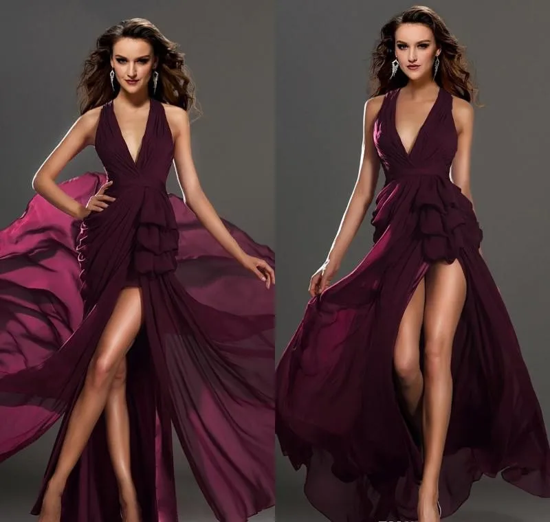 1 2014 Gorgeous Prom Dresses Sexy Wine Red V Neck Backless Floor Length Split Front Draped Chiffon Evening Party Dresses (2)