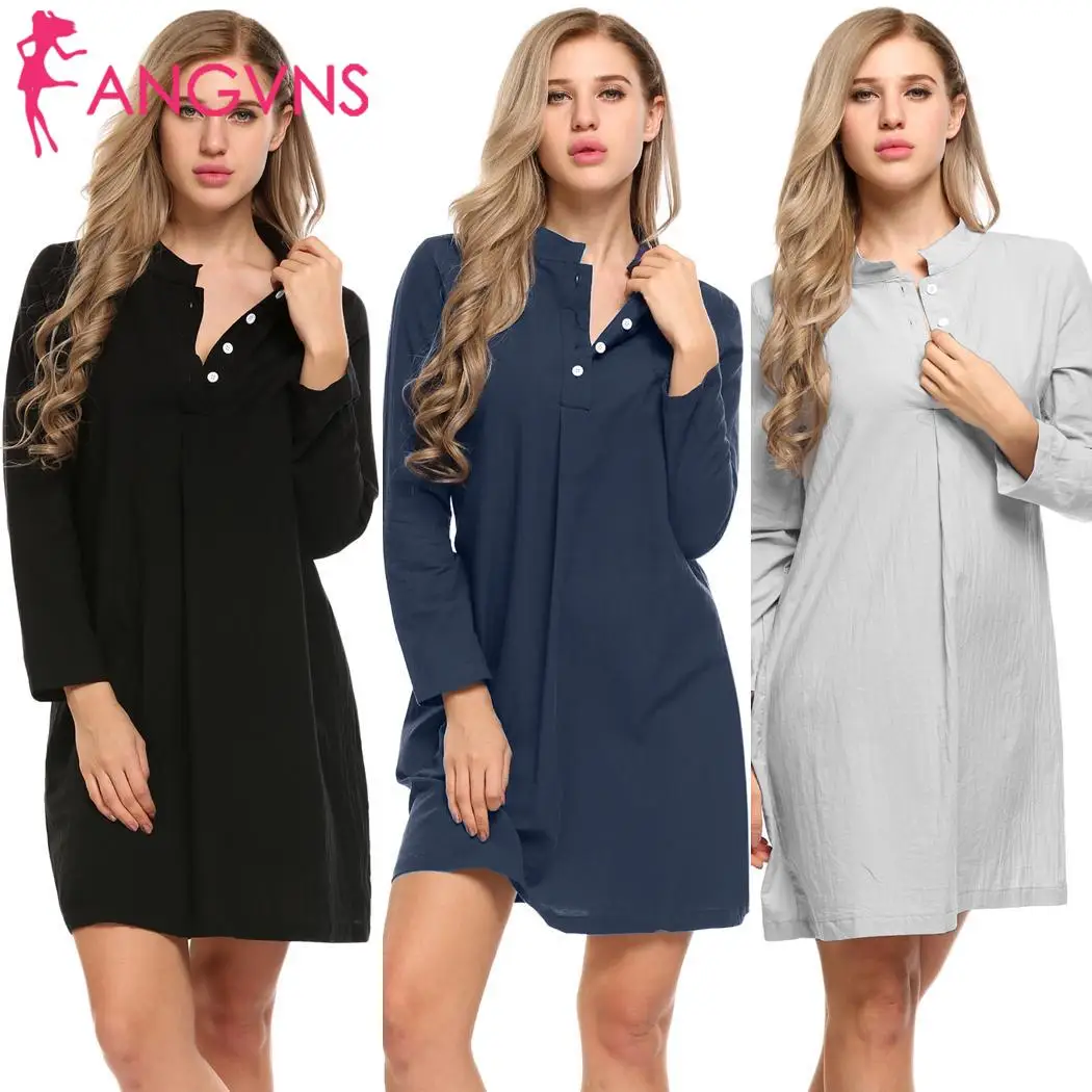 

ANGVNS Nightgown Women Long Sleeve Dress Solid Sleepwear Button Casual Spring V Neck Nightdress 2019 New Ladies