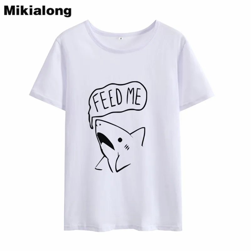 Женская футболка с коротким рукавом Mrs win FEED ME Whale черно белая Harajuku Kawaii круглым