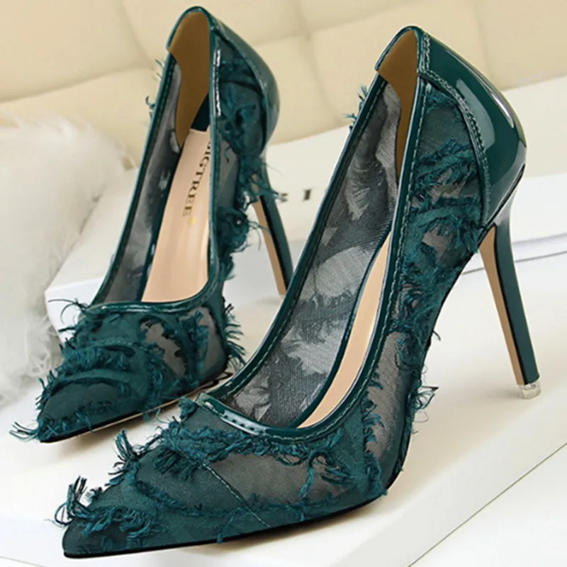 

2018 Promotion Basic Super High Heel Lace Mesh Party Shoes For Women Slip On Rubber Outsole Fashion Pointed Toe Pumps
