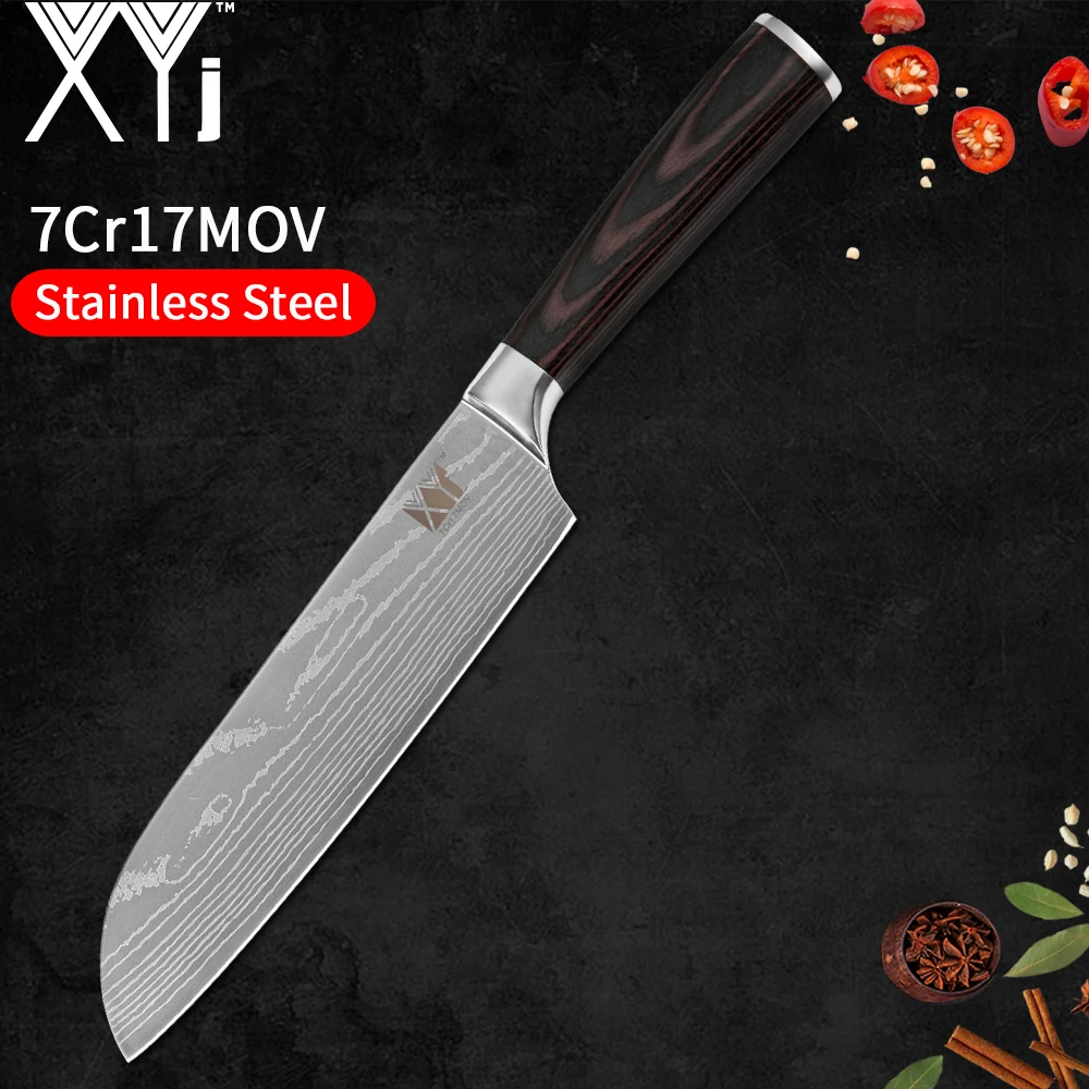 

XYj Stainless Steel Kitchen Knife Damascus Veins Pattern Santoku Knife Lightweight Color Wood Handle Ultra Sharp Cooking Tools