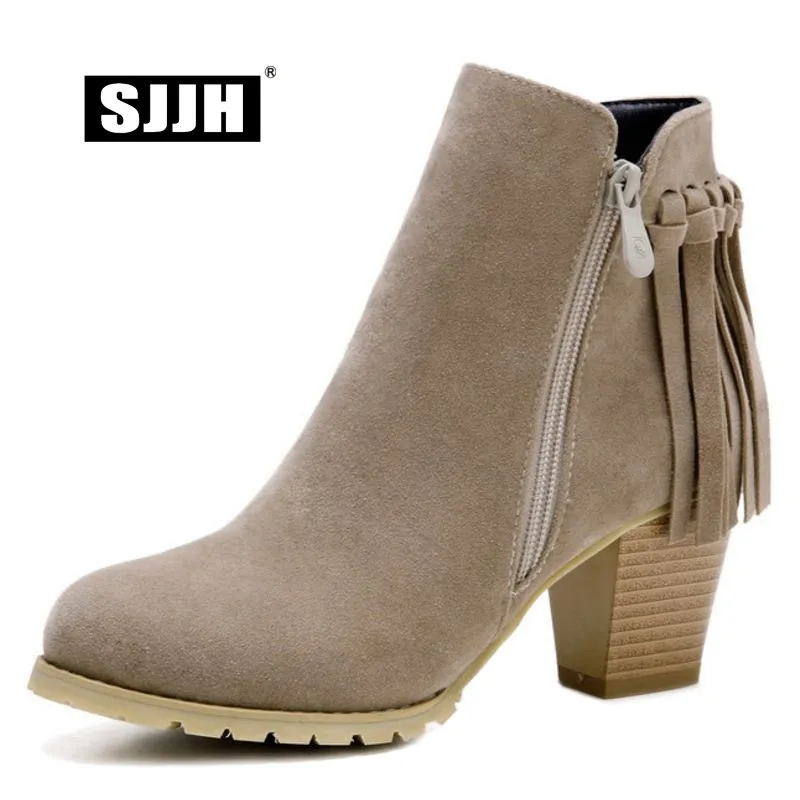 

SJJH Women Ankle Martin Boots with Round Toe High Chunky Plush Fringe Short Boots Autumn Fashion Working Shoes Large Size Q184