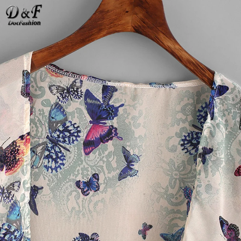 Dotfashion Butterfly Print Fringe Trim Top Kimono Womens Tops And Blouses 2019 Summer Casual Beachwear Short Sleeve Kimonos