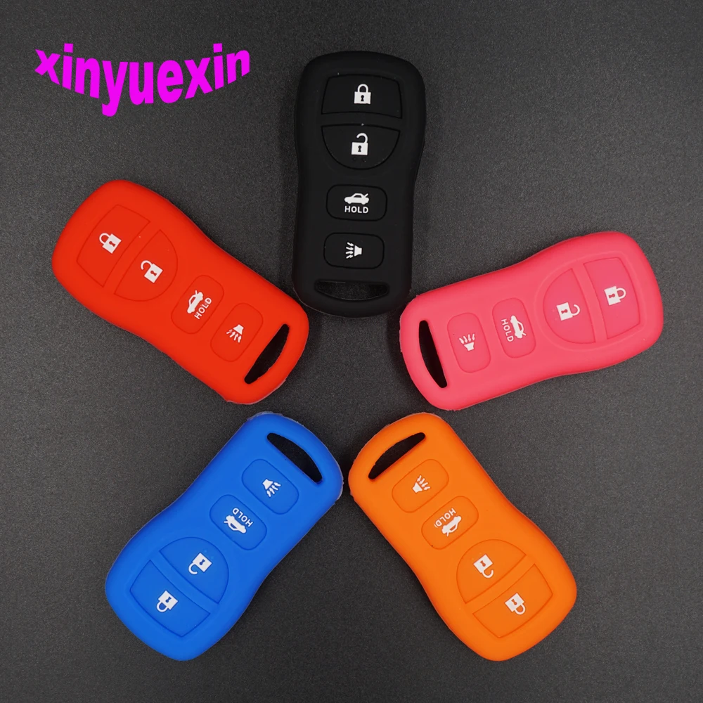 

Xinyuexin Silicone Car Key Cover FOB Case For Nissan Tiida Sentra Armada 4 Buttons Smart Remote Key Case Keychain Car-styLing