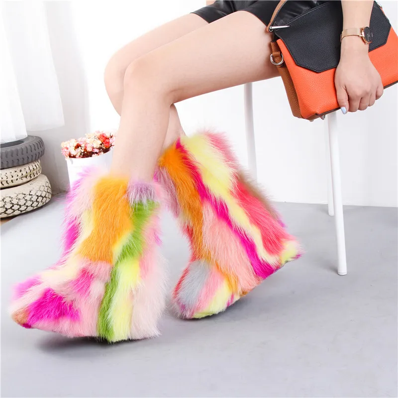 

2018 European American colorful raccoon fur height increasing snow boots genuine leather round toe 15 cm heel women's half boots