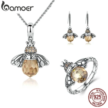 

BAMOER 100% 925 Sterling Silver Jewelry Set Lovely Orange Bee Animal Jewelry Sets Wedding Anniversary Bridal Jewelry Sets ZHS043