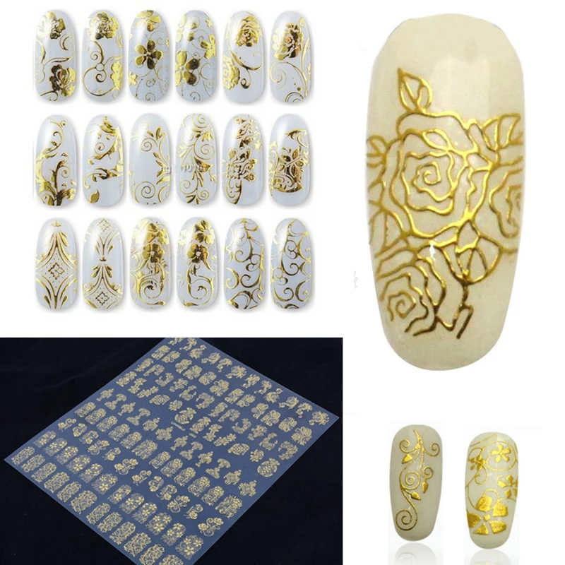 1Set Gold 3D Nail Art Stickers Decals Patch Metallic Flowers Designs Stickers For Nails Art Decoration Tips Salon Accessory Tool