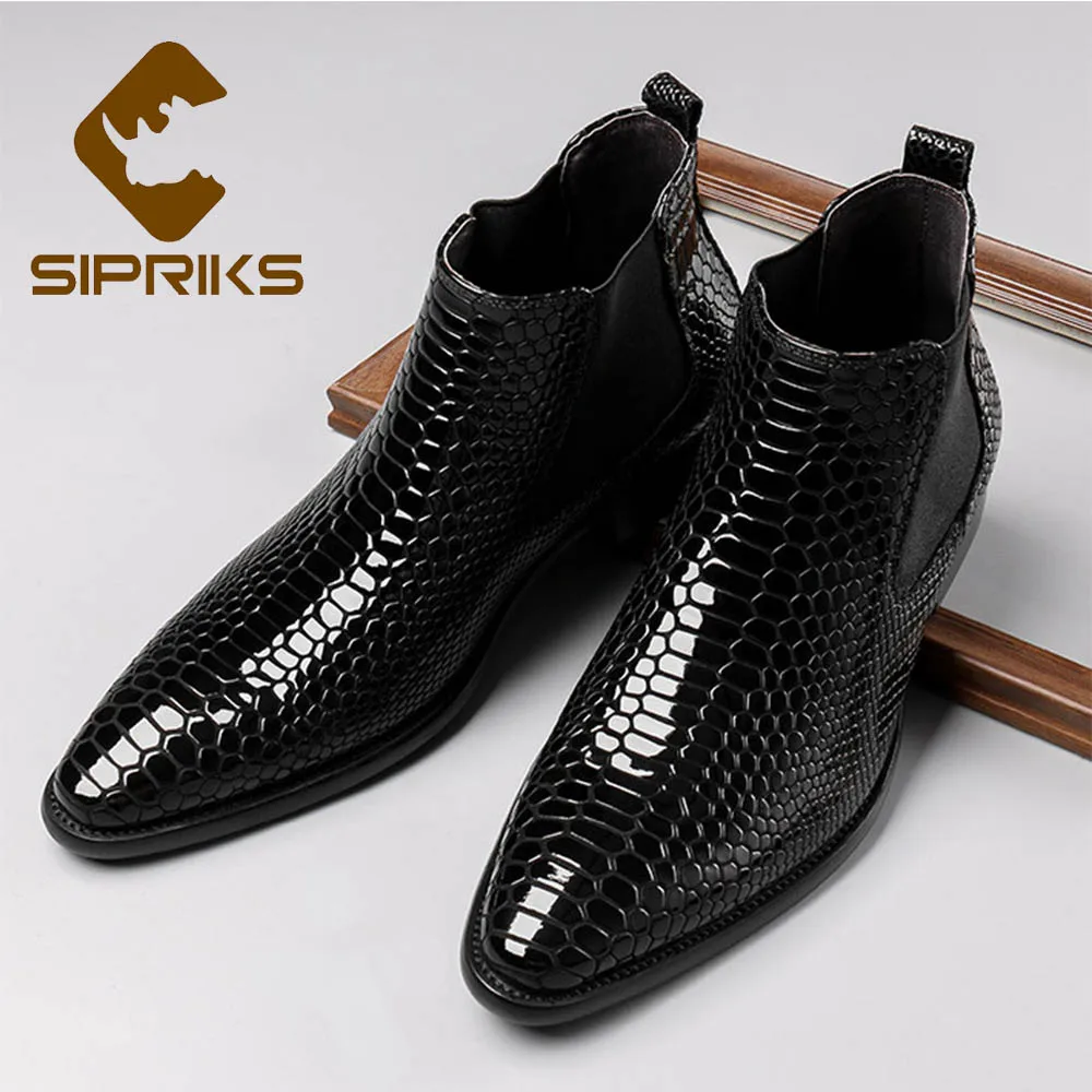 Sipriks Imported Patent Leather Black Chelsea Boots Men's Classic Retro Dress Ankle Boots Slip