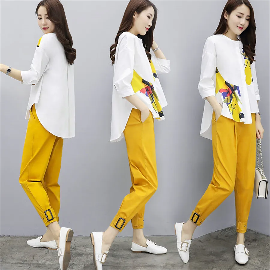 

2019 Spring Two Piece Sets Women Plus Size Printed Blouses And Pants Suits Casual Office Elegant Korean Fashion Women's Set