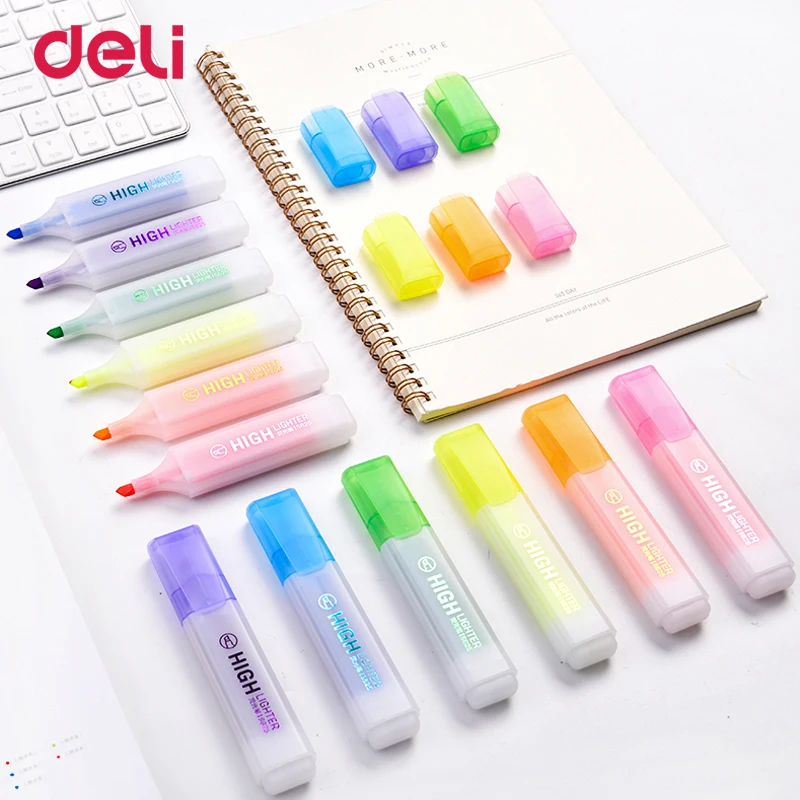

Deli classic 6pcs colored oblique highlighter marker pens with invisible ink for school kid office sign supply scribble pen sets