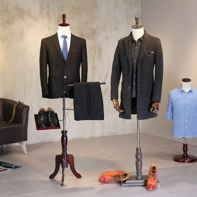 

Male half body mannequin props hemp cotton cloth men's fabric mannequin with wooden arms and shoes pants rack