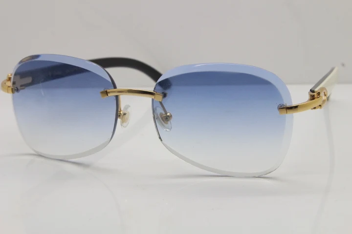 2018 New Cartier Rimless  T8200847 White Mix Black Buffalo Horn Sunglasses in Gold Blue Lens (1)