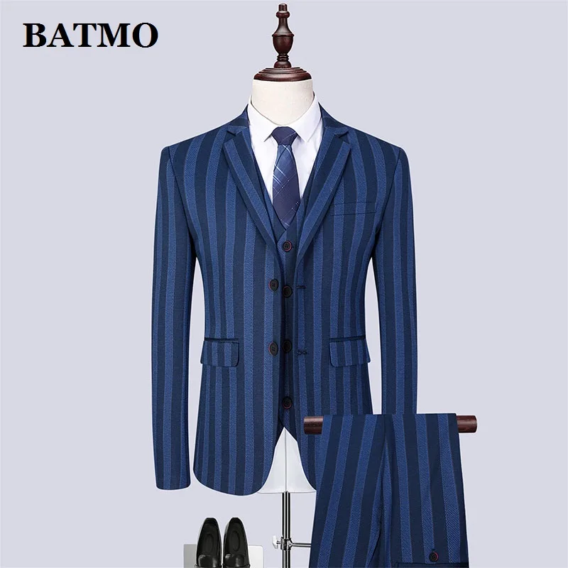 

Batmo 2019 new arrival spring high quality striped casual blue suits men ,wedding dress,plus-size S-6XL 1898