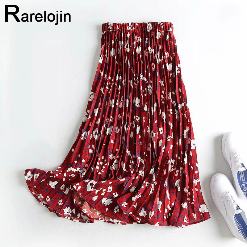Summer skirt new women fashion skirt high waist skirt Leaf Red Floral Pleated skirt femme midi skirts women skirt clothes