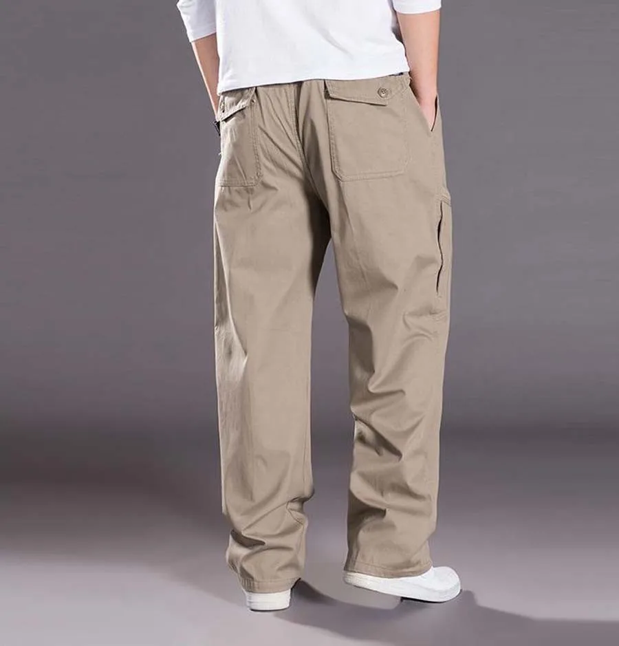 Повседневные Мужские штаны для бега большого размера, прямые свободные широкие брюки-карго с карманами, хлопковый комбинезон, брюки с эластичным поясом