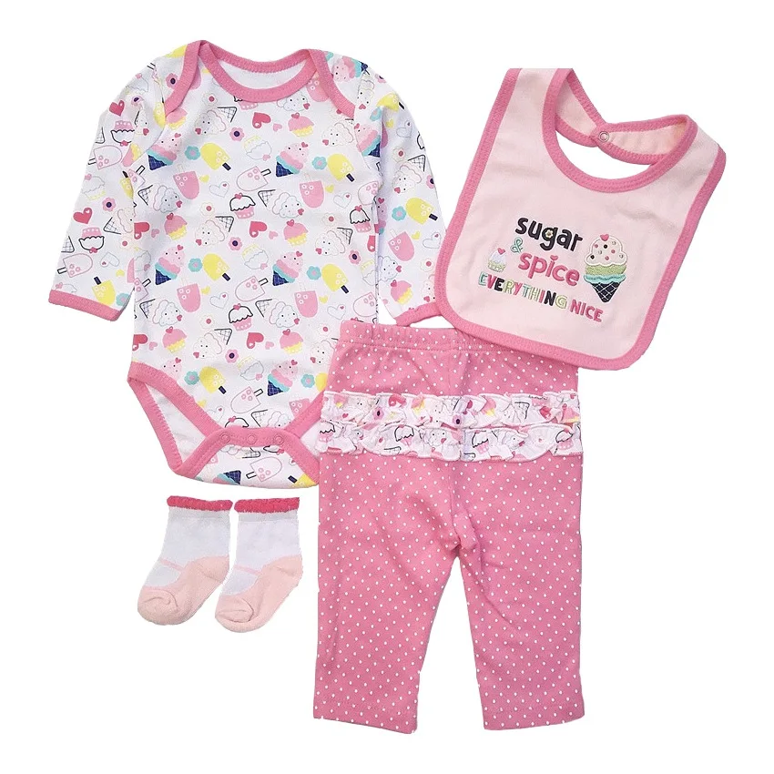 

2019 hot sales newborn boy girl clothes Baby clothing sets cotton long sleeves pink cute infant clothing bib+t-shirt+pants+socks