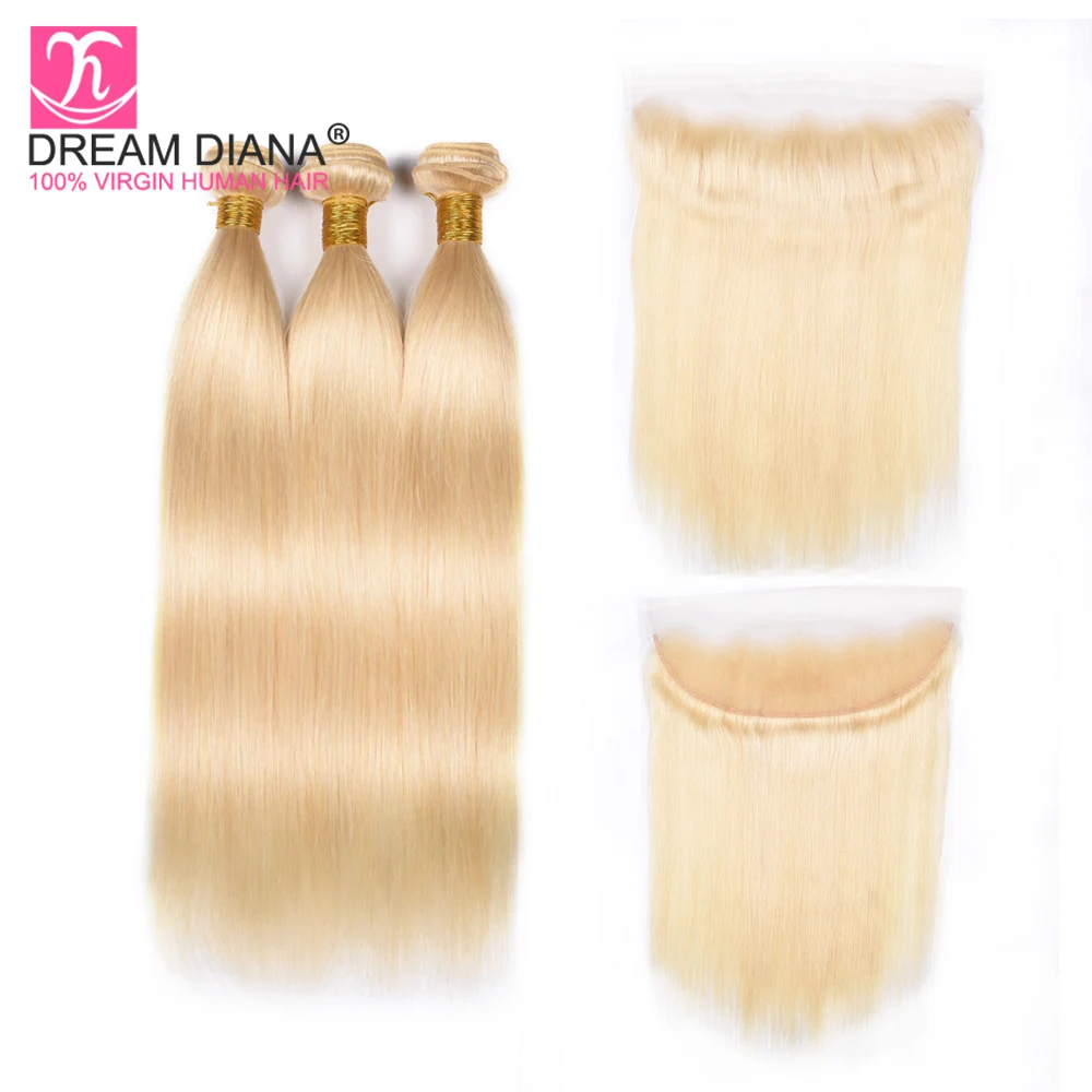 DreamDiana 613 прямо с фронтальной Малайзии волос 613 Связки с кружевом фронтальной Чисто Блондинка пучки волос Remy с фронтальной